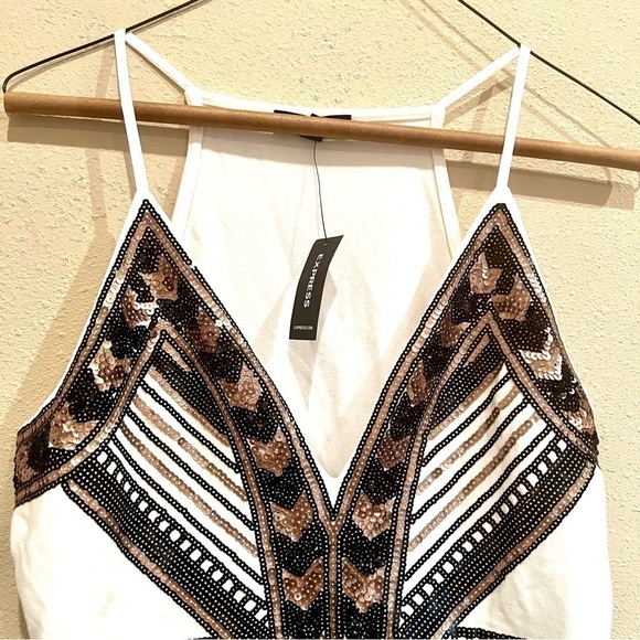 NWT EXPRESS Sequin white Deep V-Neck Thong tank bodysuit holiday women size M - Picture 3 of 10